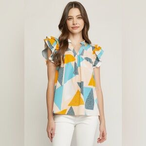 Geometric Ruffle Sleeve Top - Multicolor ENTRO BRAND Women’s Sz Small